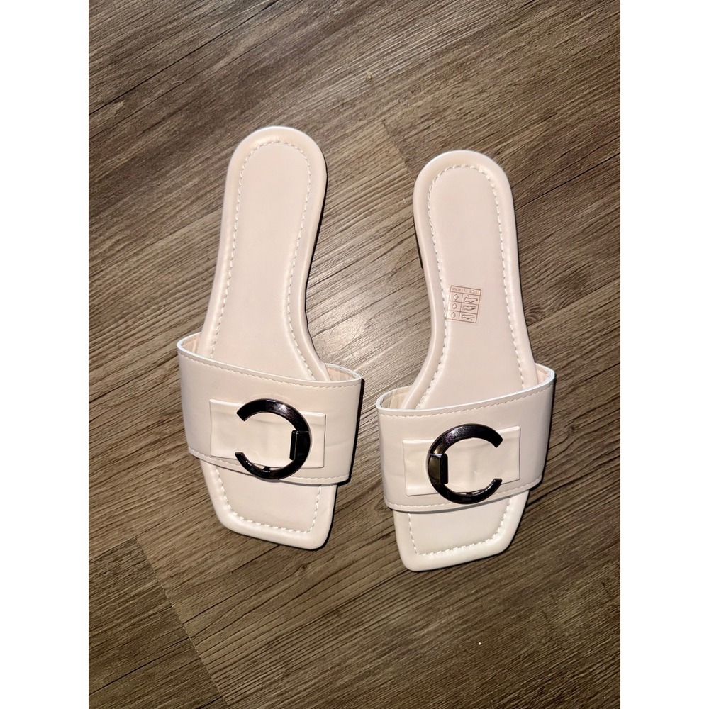 Cream Square Toe Slide Sandals Black Buckle Detail Flat Slip On Mules Size 37